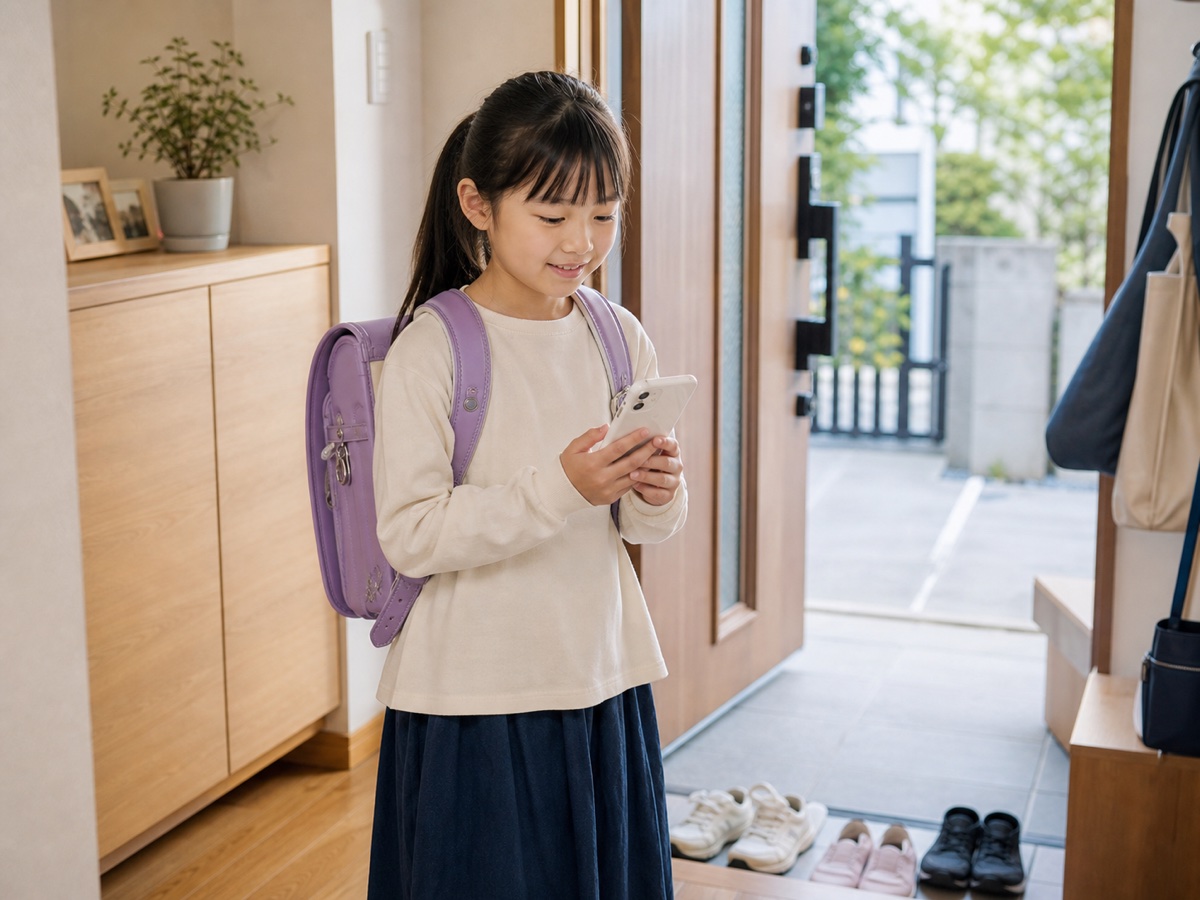 家に着いてスマホでついたよを送る子ども