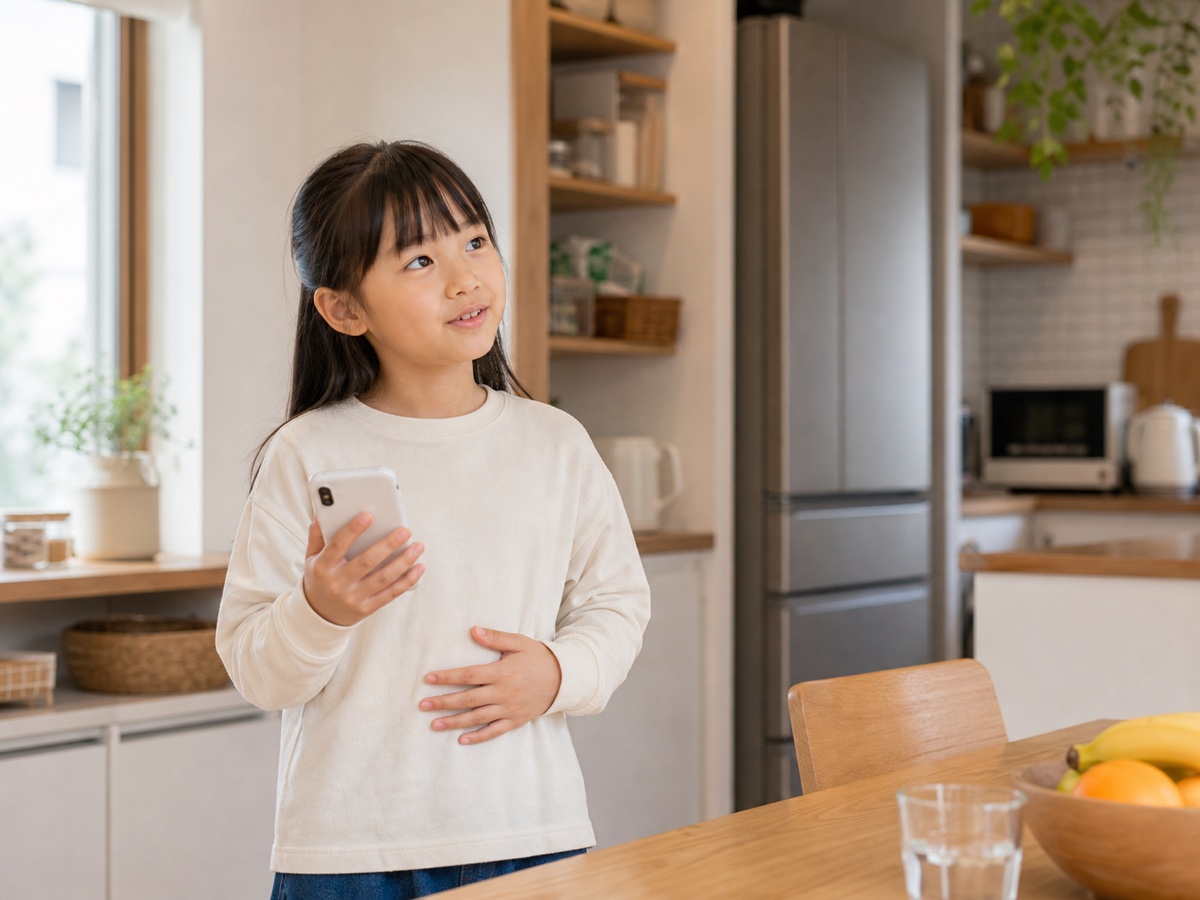 留守番中にキッチンでスマホを持ち食べ物の場所を聞く子ども