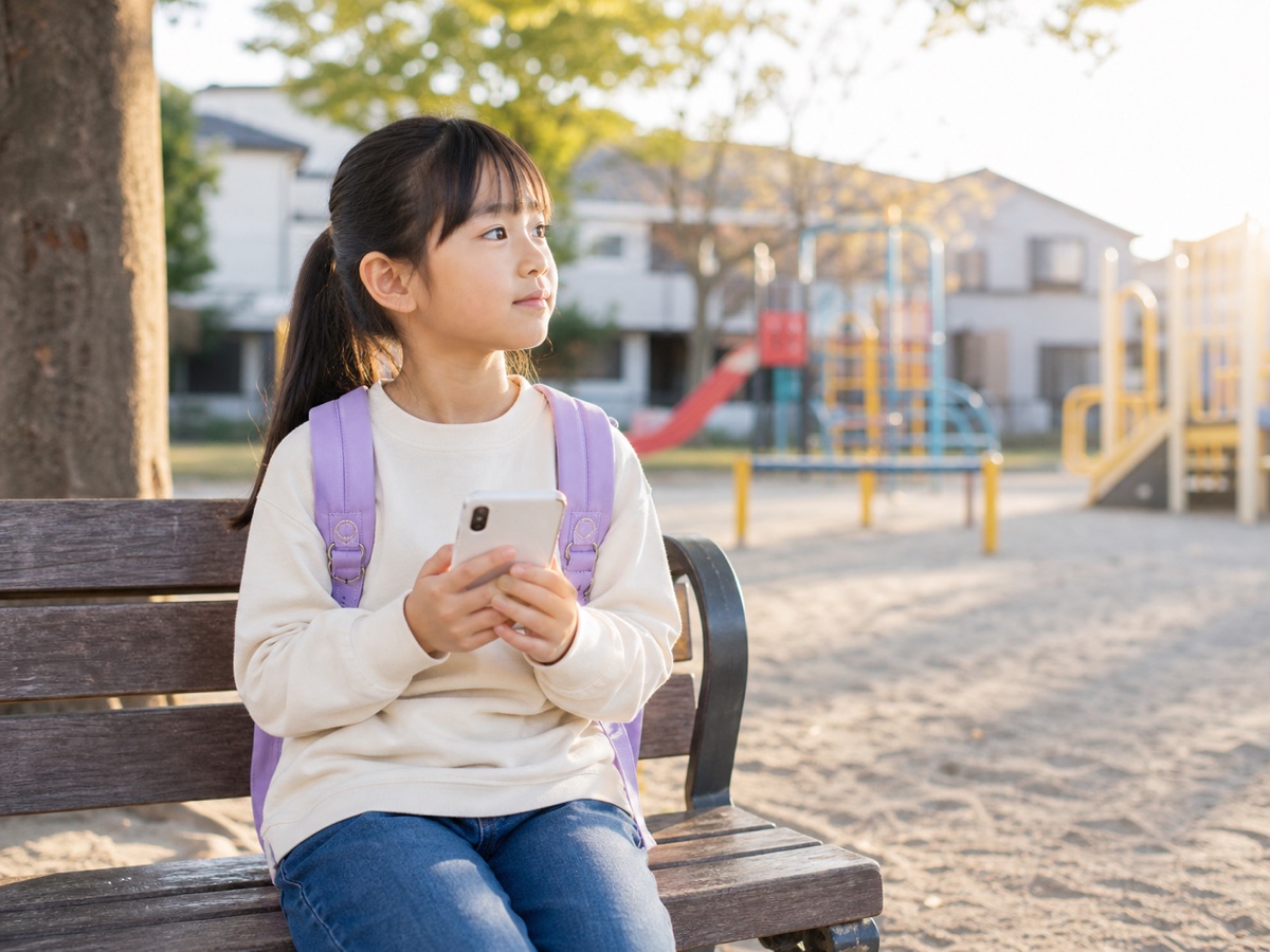 公園のベンチで迎えを待ちながらスマホを持つ子ども